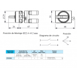 CP101S32   Selector plastico 3 posiciones,+2 contactos NA  regreso por resorte