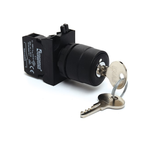 CP100AA21   Selector plastico 2 posiciones con llave,+1 contacto NA  regreso por resorte