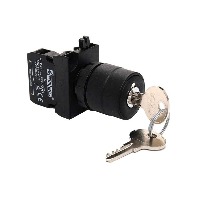 CP100AC20   plastic selector, 2 positions with key, +1 contact NO stay put