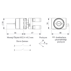 CP101AA31   plastic selector, 3 positions with key, +1 contact NO stay put, +1 contact NO spring return