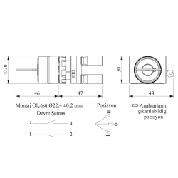 CP102AA32   plastic selector, 3 positions with key, 1 NO + 1NC, 1 stay put + 1 spring return