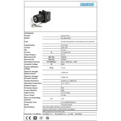 CP102AA32   plastic selector, 3 positions with key, 1 NO + 1NC, 1 stay put + 1 spring return