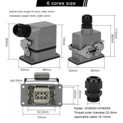 WHE06C   Conector heavy duty 6pins,salida lateral,base corta,2 palancas