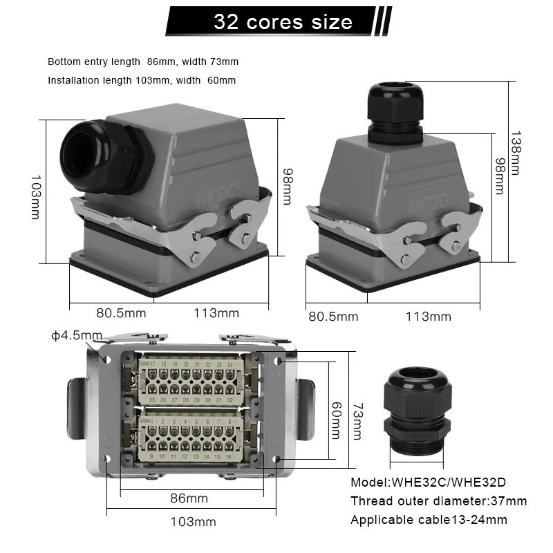 WHE32C Conector heavy duty 32pins,salida lateral,base corta,2 palancas WHE32C Conector heavy duty 32pins,salida lateral,base corta,2 palancas