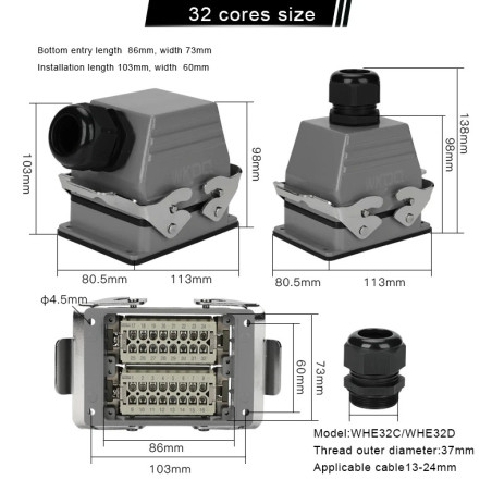 WHE32C   Conector heavy duty 32pins,salida lateral,base corta,2 palancas