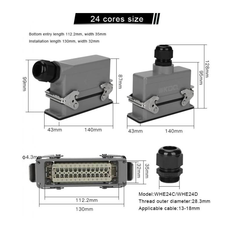WHE24D   Conector heavy duty 24pins,salida superior,base corta,2 palancas