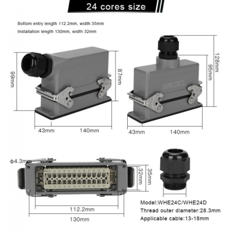 WHE24D   Conector heavy duty 24pins,salida superior,base corta,2 palancas