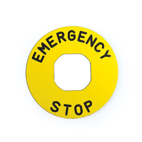 BET60P "EMERGENCY STOP" plastic plate, 60mm diameter, yellow