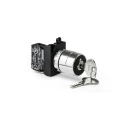 CM100AA21    Selector metalico llave 2 posiciones + 1 N.A regreso resorte