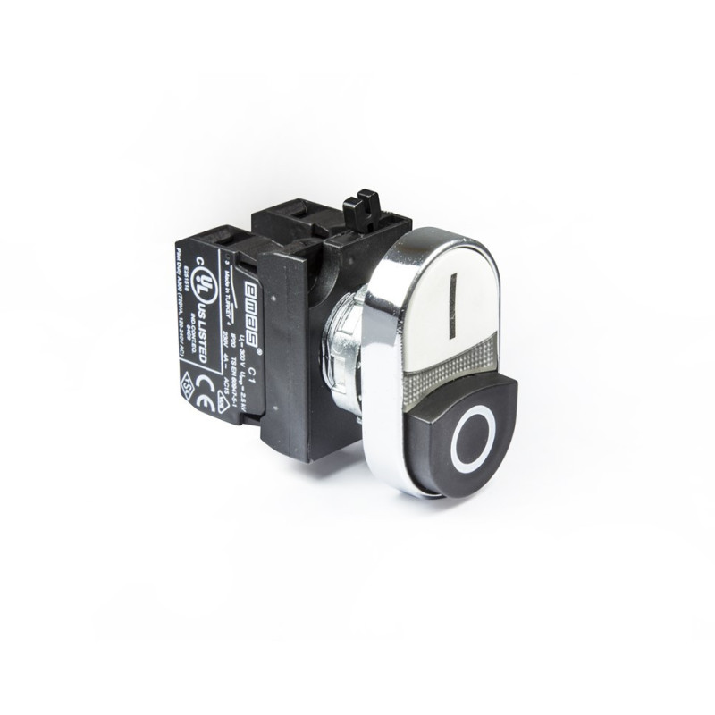 CM102K21HB    Boton pulsador metalico doble 0-1 +1 NA + 1 NC, blanco-negro