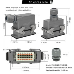 WHE16C   Conector heavy duty 16pins,salida lateral,base corta,2 palancas